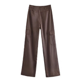 Pantalon droit ample décontracté taille haute amincissant à grandes poches pour femmes